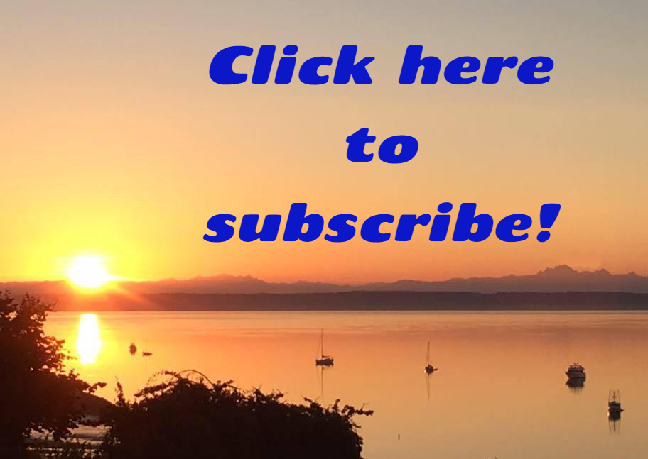 Subscription button: Image of sunrise over a calm bay, with anchored boats.