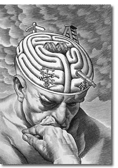 Black and white image showing a brain that looks like a maze, with a ladder, telescope, direction signs.
