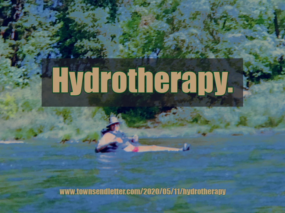 Hydrotherapy article title. Image shows man floating down river on innertube.